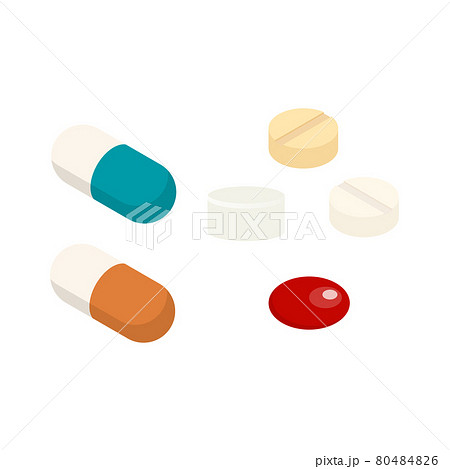 薬の錠剤やカプセル剤のアイソメトリックイラストのイラスト素材