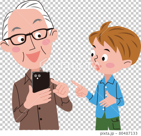 A boy teaches grandpa how to operate a smartphone 80487133