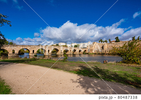 Puente Romano, the Roman Bridge in Merida with the Alcazaba, Extremadura, Spain 80487338