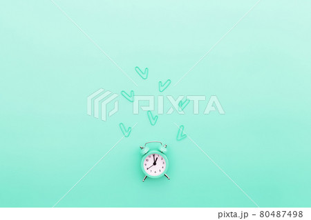 Back to school or office work conceptual flat lay with alarm clock and clips Back to school or office work conceptual flat lay with alarm clock and clips 80487498