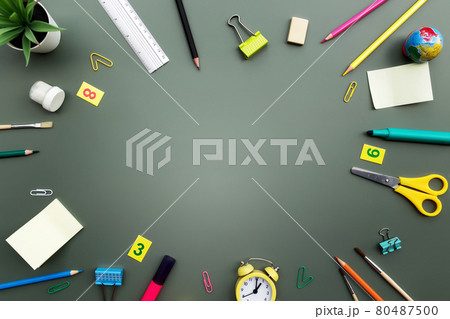 Back to school conceptual flat lay with different office supply objects 80487500