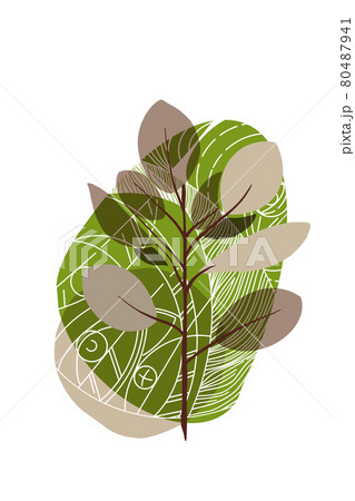 Vector vertical banner with abstract art and hand-drawn shapes leaves of ficus. Good for wall art or cover print in boho style. 80487941