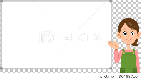A woman with an apron and a simple whiteboard to introduce with her palm facing 80488710