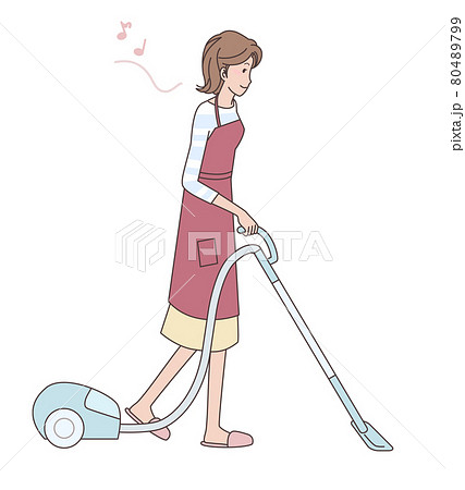 掃除機をかける若いエプロン姿の女性のイラスト素材 掃除機をかける若いエプロン姿の女性のイラスト素材