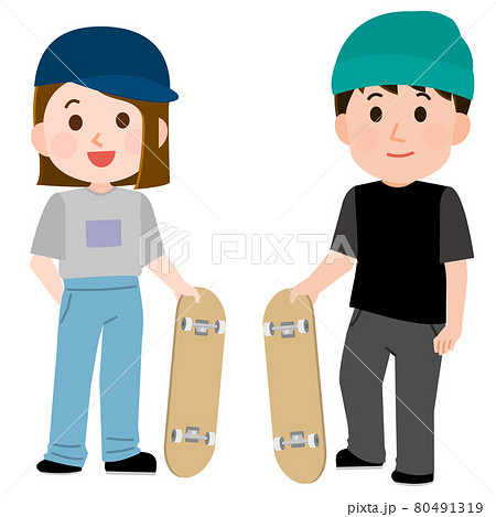 スケートボードを楽しむ男性と女性 イラストのイラスト素材
