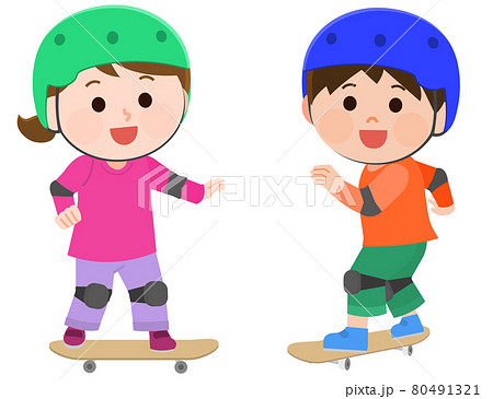 スケートボードを楽しむ子供　男の子と女の子2　イラスト 80491321