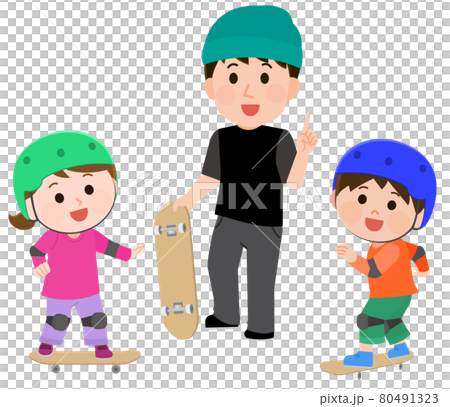 スケートボード教室で男性の先生に教わる子供たち  イラスト 80491323