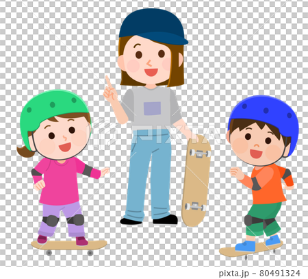 スケートボード教室で女性の先生に教わる子供たち  イラスト 80491324