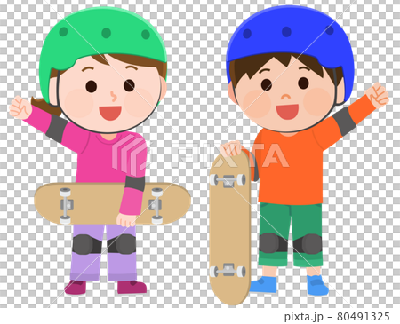 スケートボードを楽しむ子供　男の子と女の子1　イラスト 80491325