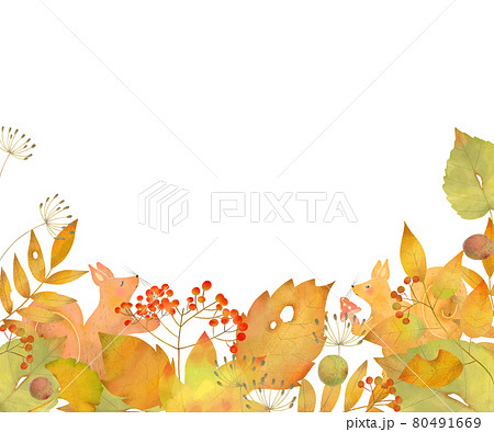秋の紅葉した葉っぱの中にキノコを持ったかわいいリスたちのいるベクター素材のオシャレなフレームのイラスト素材