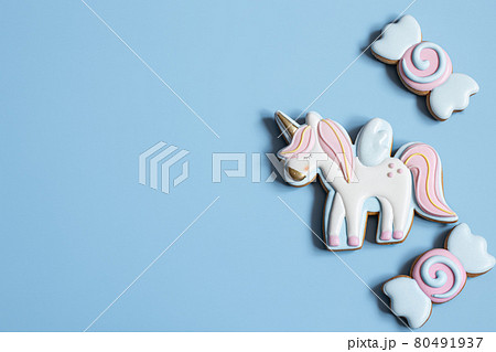 Flat lay bright glazed cookies for children copy space. 80491937