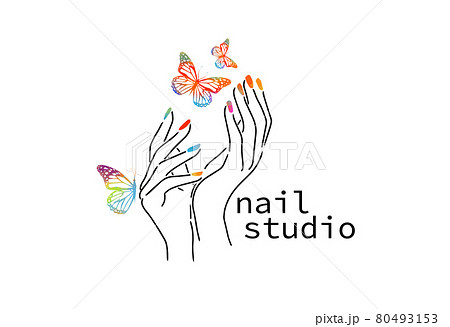 Beautiful female hands. Nail studio. Nail polish logo. Mixed media. Multicolored butterflies. vector illustration Beautiful female hands. Nail studio. Nail polish logo. Mixed media. Multicolored butterflies. vector illustration 80493153