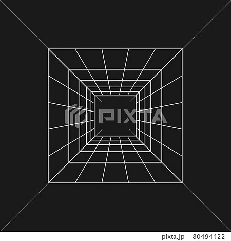 Retrofuturistic perspective grid tunnel. Digital cyber retro design element. Perspective tunnel in cyberpunk 80s style. Perspective for poster, cover, merch in retrowave style. Vector 80494422