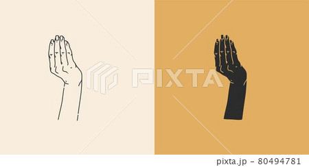 Hand drawn vector abstract stock flat graphic illustration with minimal logo elements collection set,occult mystery witch hands touch line drawing and silhouette,magic art in simple style for branding 80494781