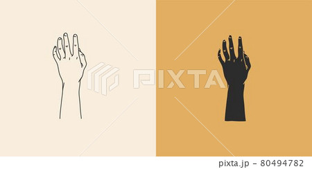 Hand drawn vector abstract stock flat graphic illustration with minimal logo elements collection set,occult mystery witch hands touch line drawing and silhouette,magic art in simple style for branding 80494782