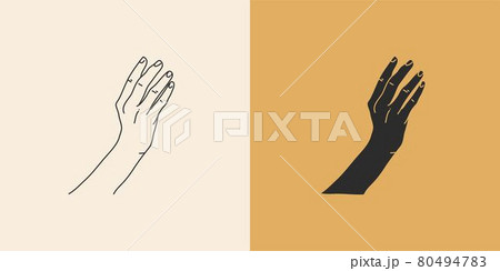 Hand drawn vector abstract stock flat graphic illustration with minimal logo elements collection set,occult mystery witch hands touch line drawing and silhouette,magic art in simple style for branding 80494783