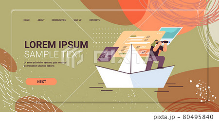 businessman with binoculars floating on paper boat looking for successful future leadership startup strategy planning 80495840