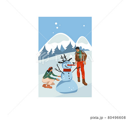 Hand drawn vector abstract fun stock flat Merry Christmas,and Happy New Year cartoon card with illustrations of Xmas couple together making snowman outdoor isolated on landscape background 80496608