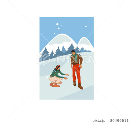 Hand drawn vector abstract fun stock flat Merry Christmas,and Happy New Year cartoon card with illustrations of Xmas couple together playing outdoor isolated on landscape background 80496611