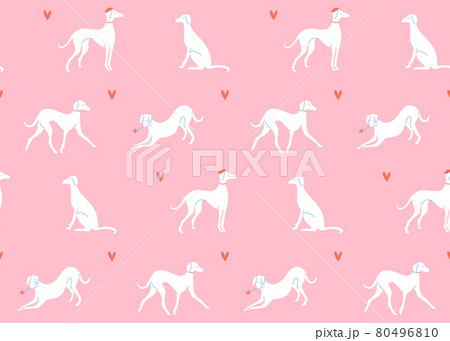 Grayhound in different poses, dog silhouettes on pink background. Romantic seamless pattern, french style texture. Elegant dogs on datings. 80496810