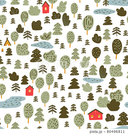 Small red cabins in forest. Scandinavian pattern, woodland texture. Detailed small scale vector background for nursery wallpaper, kids textile print. 80496811