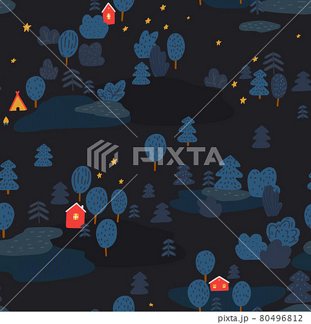 Night in forest, red cabins at woodland. Fire camping. Dark seamless vector pattern for scandi interior, wallpaper, wrapping. 80496812