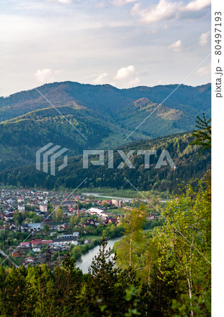 Skole town among Carpathian mountains, Ukraine, view from mountain, autumn season 80497193