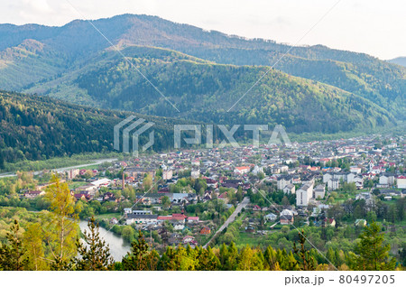 Skole town among Carpathian mountains, Ukraine, view from mountain, autumn season 80497205