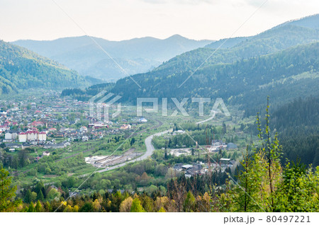 Ukraine Carpathian Mountains, Near nature reserve town Skole, view from mountain, autumn season, nature outdoors 80497221