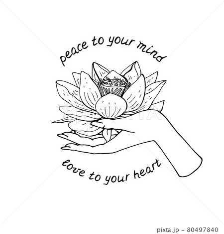 Vintage Gold and Black Mystic Hand holding lotus flower with lettering Peace to your mind love to your heart Vintage Gold and Black Mystic Hand holding lotus flower with lettering Peace to your mind love to your heart 80497840