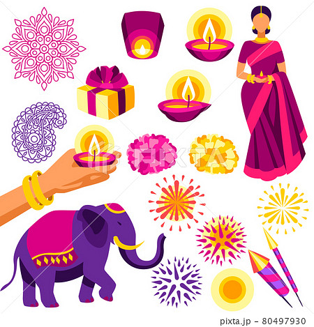 Happy Diwali traditional symbols collection. Deepavali or dipavali festival of lights. Happy Diwali traditional symbols collection. Deepavali or dipavali festival of lights. 80497930