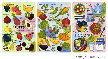 Food, vegetables and fruits. Drawings for poster, card or background. Vegetarian diet food with vitamins. Food, vegetables and fruits. Drawings for poster, card or background. Vegetarian diet food with vitamins. 80497965