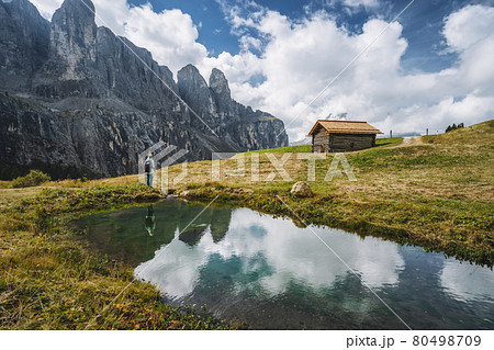 Woman enjoying Passo Gardena and Sella group mountains in Dolomites, south Tyrol, Italy, Europe Woman enjoying Passo Gardena and Sella group mountains in Dolomites, south Tyrol, Italy, Europe 80498709