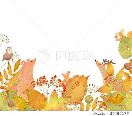 ベクター素材の北欧風オシャレな秋の植物や森の動物の白バックフレームのイラストのイラスト素材