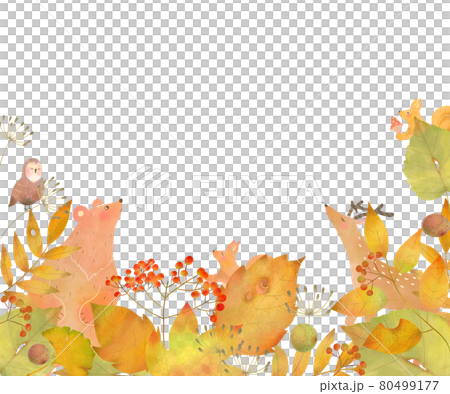 ベクター素材の北欧風オシャレな秋の植物や森の動物の白バックフレームのイラストのイラスト素材