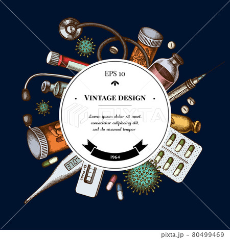 Badge over design with vial of blood, pills and medicines, medical thermometer, coronavirus rapid 80499469