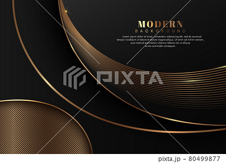 Modern abstract black curve shape on dark background with shiny golden curve stripes line. Luxury and elegant design. Premium luxury template with overlapping curved geometric shape. Vector 80499877
