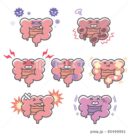 人間の腸のダメージに関する表情セットのイラスト素材