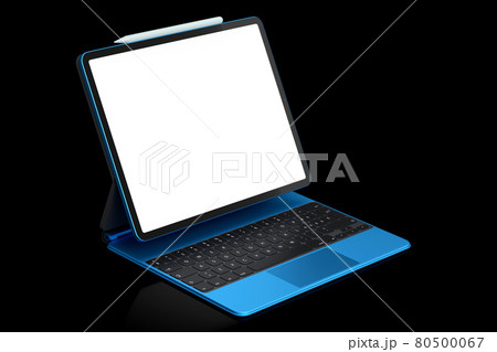 Computer tablet with keyboard and blank screen isolated on black background. 80500067