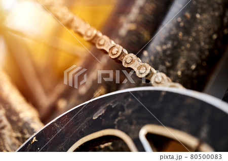 Bicycle chain before entering the front gear wheel to drive the vehicle, Abstract Macro with narrow depth of field. 80500083