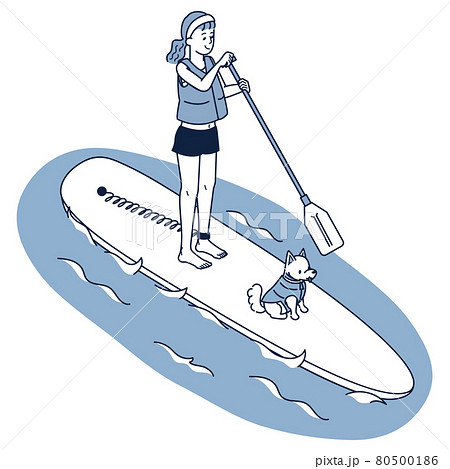 海でsupを楽しんでいる女性と愛犬のアイソメトリックのイラスト素材