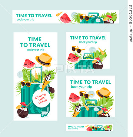 Summer tropic travel illustration vector banners of different sizes is suitable for poster , Flyer and related with food. Suitcase, palm leaves, sun hat, shells, tropic cocktail. Swim beach rest 80501223