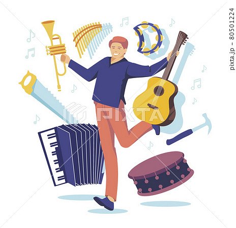 multitasking man-orchestra with many instruments: guitar, button accordion, tambourine, trumpet, drum, hammer, saw multitasking man-orchestra with many instruments: guitar, button accordion, tambourine, trumpet, drum, hammer, saw 80501224