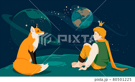 little prince talking with his friend fox on the planet amoung night star sky. Fairy famous tale. 80501225
