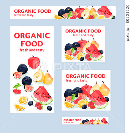 Organic food illustration vector banners of different sizes is suitable for poster , Flyer and related with food. Apple, pear, figs, cherry, citrus, watermelon, berries. Healthy food 80501226