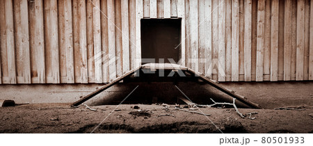 Empty chicken ladders in front of the opening to a chicken coop, depressed mood. Empty chicken ladders in front of the opening to a chicken coop, depressed mood. 80501933