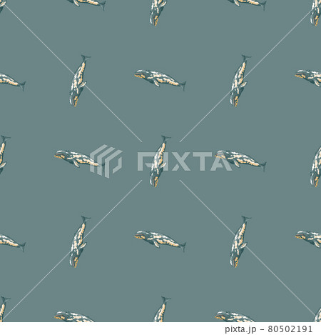 Seamless pattern with gray whale on green background. Template of cartoon character of ocean for fabric 80502191