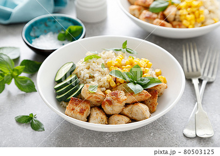 Fried turkey breast and rice with vegetables Fried turkey breast and rice with vegetables 80503125