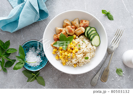 Fried turkey breast and rice with vegetables 80503132