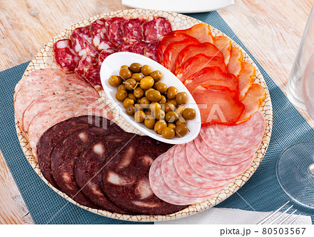 Appetizer of various types of Spanish sausages 80503567